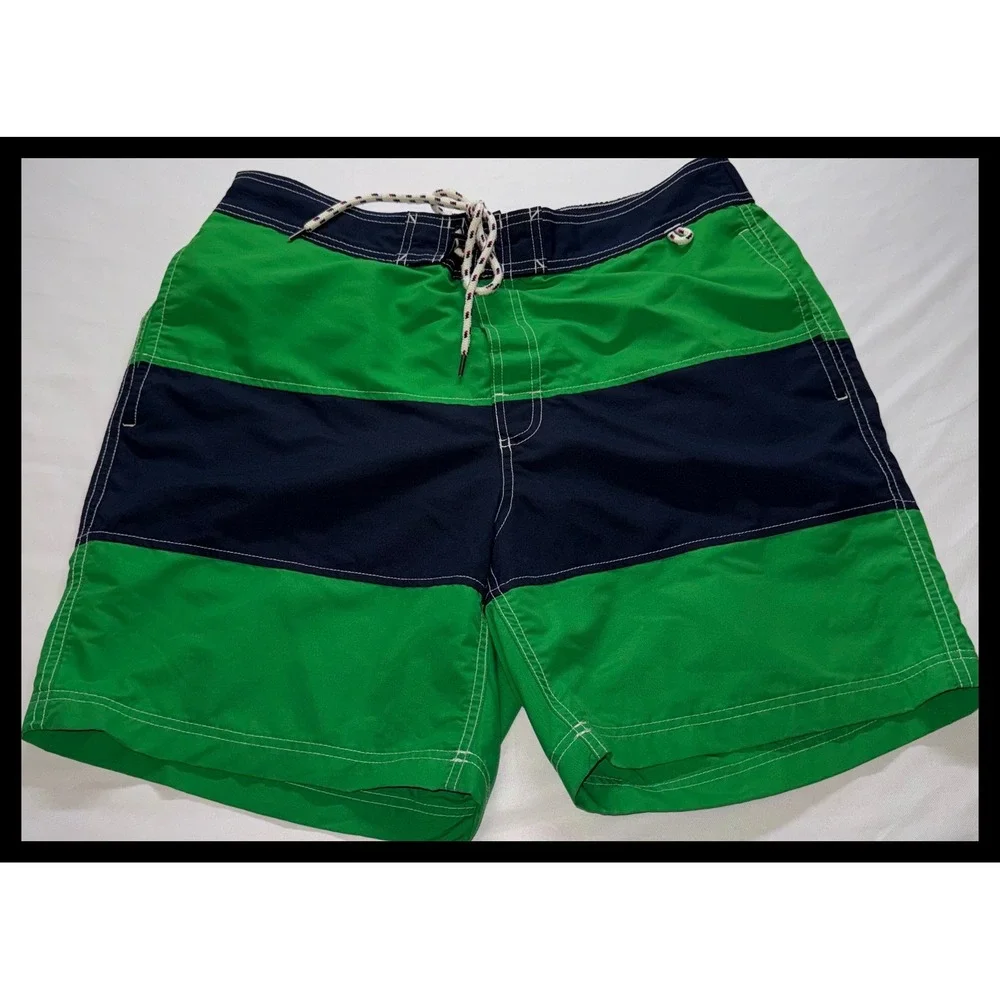 Lands' End Swim Trunks Mens L Green Navy Striped Board Shorts Beachwear
